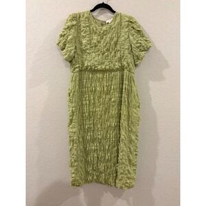 All Row Green Textured Puckered Short Puff Sleeve Midi Dress Size Large